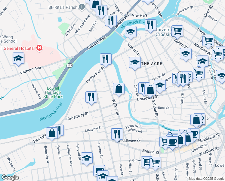 map of restaurants, bars, coffee shops, grocery stores, and more near 46 Shaffer Street in Lowell