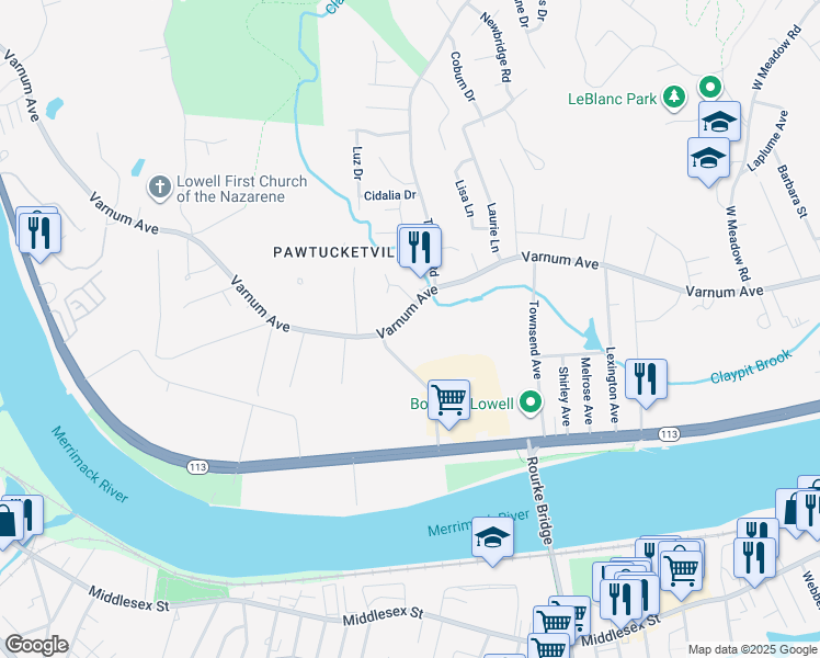 map of restaurants, bars, coffee shops, grocery stores, and more near 902 Varnum Avenue in Lowell