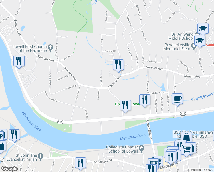map of restaurants, bars, coffee shops, grocery stores, and more near 956 Varnum Avenue in Lowell