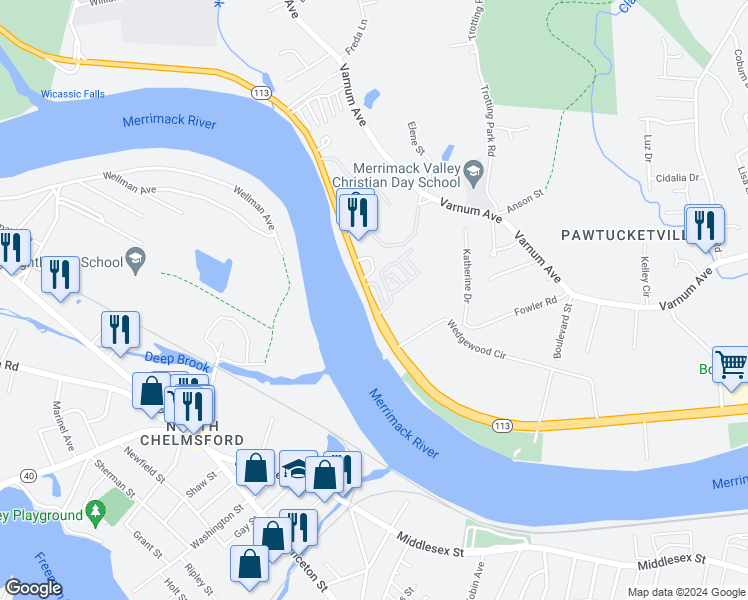 map of restaurants, bars, coffee shops, grocery stores, and more near 1200 Pawtucket Boulevard in Lowell