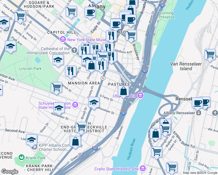 map of restaurants, bars, coffee shops, grocery stores, and more near 65 A Westerlo Street in Albany