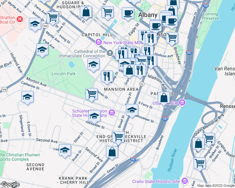 map of restaurants, bars, coffee shops, grocery stores, and more near 150 Grand Street in Albany