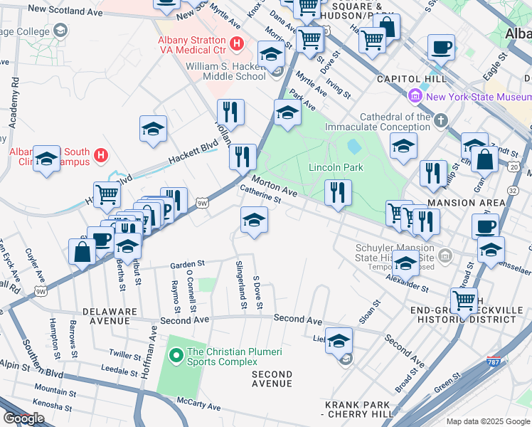 map of restaurants, bars, coffee shops, grocery stores, and more near 197 Delaware Street in Albany