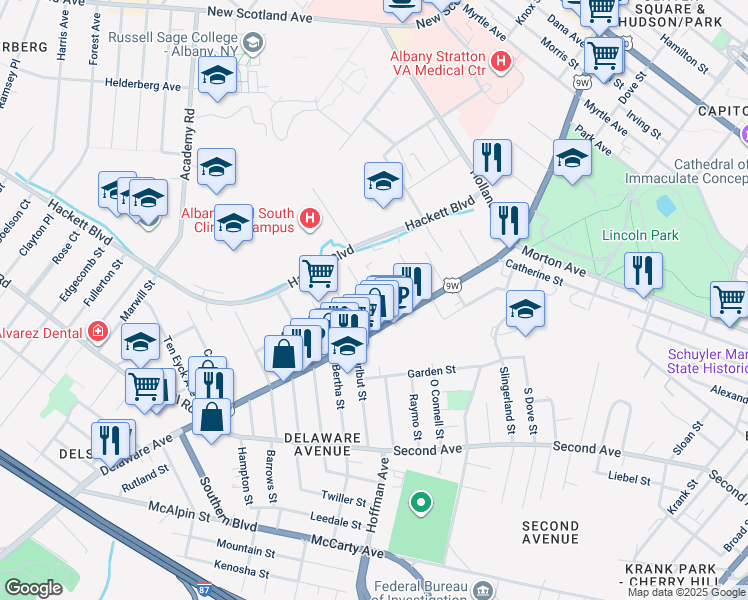 map of restaurants, bars, coffee shops, grocery stores, and more near in Albany