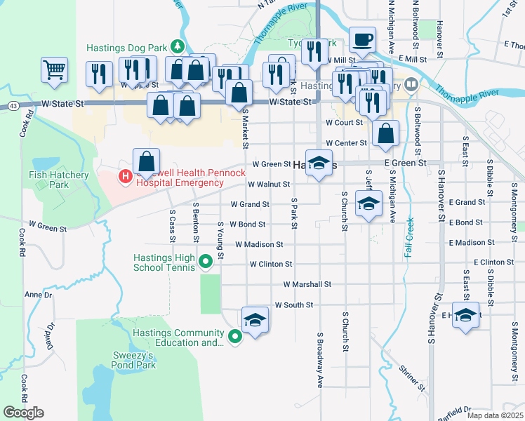 map of restaurants, bars, coffee shops, grocery stores, and more near 517 West Bond Street in Hastings
