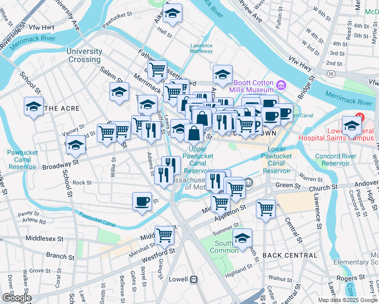 map of restaurants, bars, coffee shops, grocery stores, and more near 19 Broadway Street in Lowell