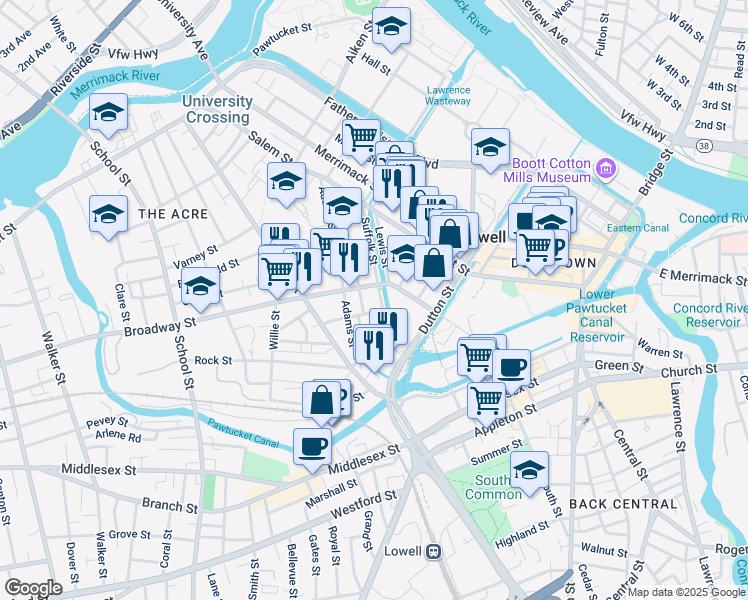 map of restaurants, bars, coffee shops, grocery stores, and more near 13 Dublin Street in Lowell