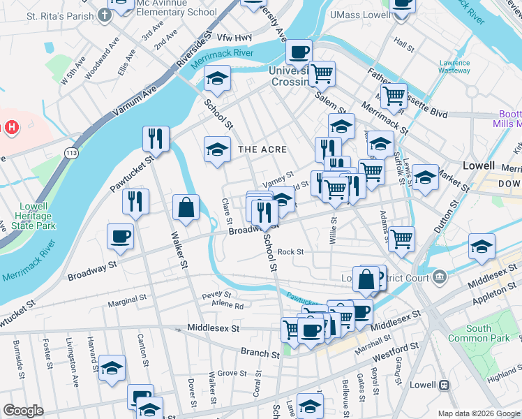 map of restaurants, bars, coffee shops, grocery stores, and more near 255 School Street in Lowell
