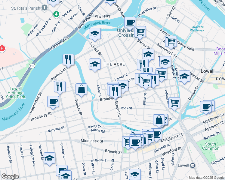 map of restaurants, bars, coffee shops, grocery stores, and more near 255 School Street in Lowell