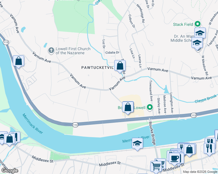 map of restaurants, bars, coffee shops, grocery stores, and more near 956 Varnum Avenue in Lowell