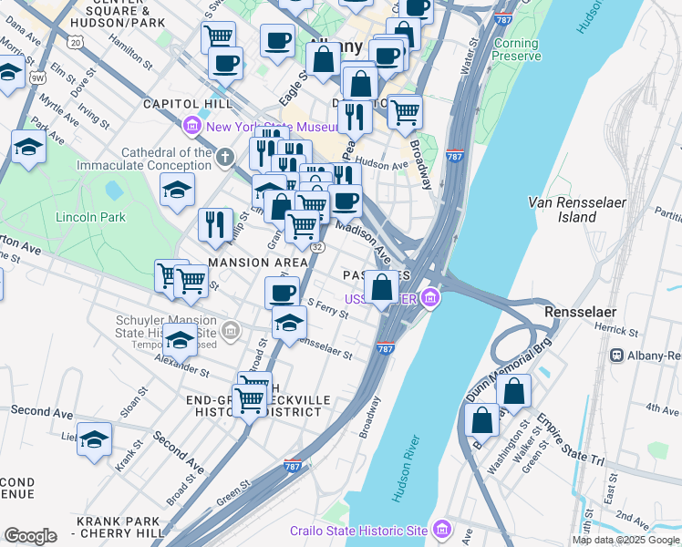 map of restaurants, bars, coffee shops, grocery stores, and more near 136 Green Street in Albany