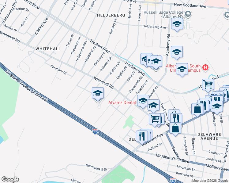map of restaurants, bars, coffee shops, grocery stores, and more near 170 Whitehall Road in Albany