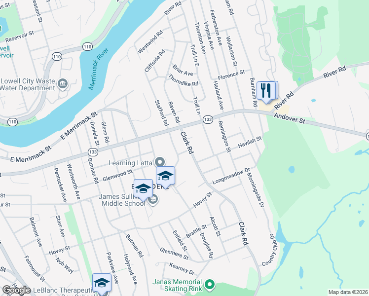 map of restaurants, bars, coffee shops, grocery stores, and more near 61 Garden Road in Lowell