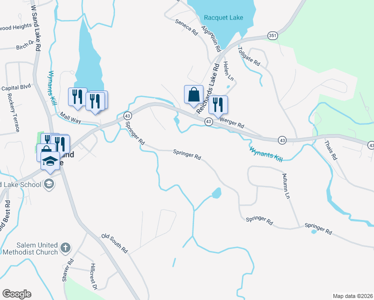 map of restaurants, bars, coffee shops, grocery stores, and more near 264 Springer Road in West Sand Lake