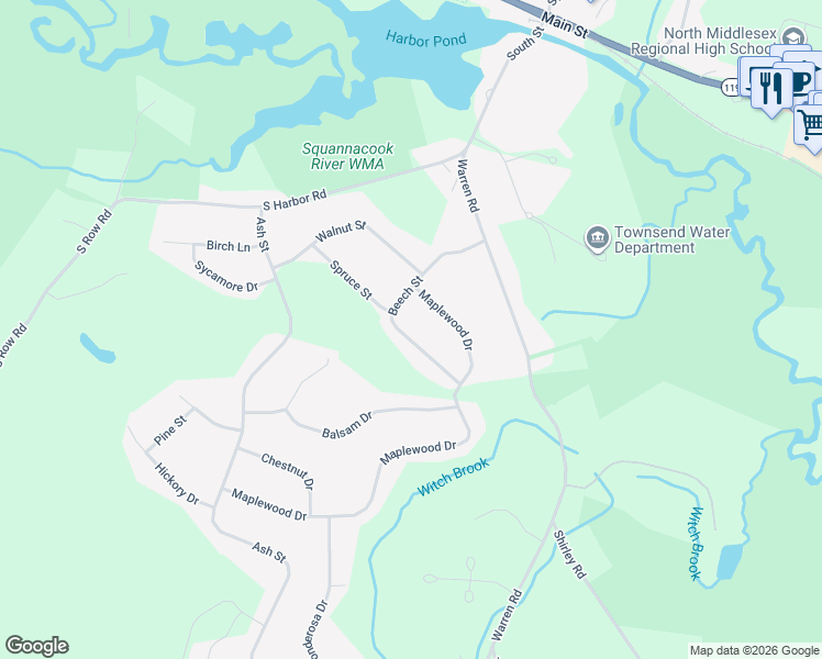 map of restaurants, bars, coffee shops, grocery stores, and more near 19 Beech Street in Townsend