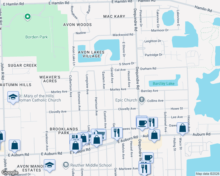 map of restaurants, bars, coffee shops, grocery stores, and more near 2513 Eastern Avenue in Rochester Hills