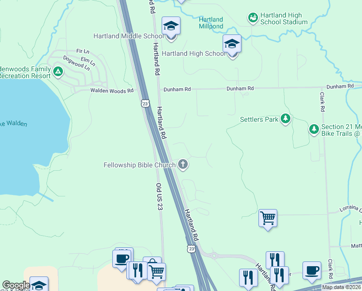 map of restaurants, bars, coffee shops, grocery stores, and more near 10340 North Valley Court in Hartland