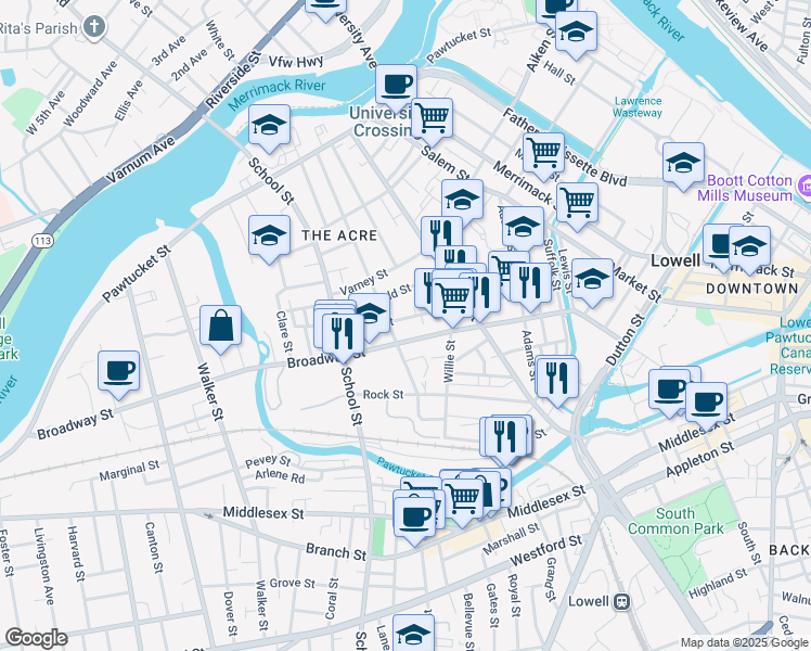 map of restaurants, bars, coffee shops, grocery stores, and more near 493 Broadway Street in Lowell