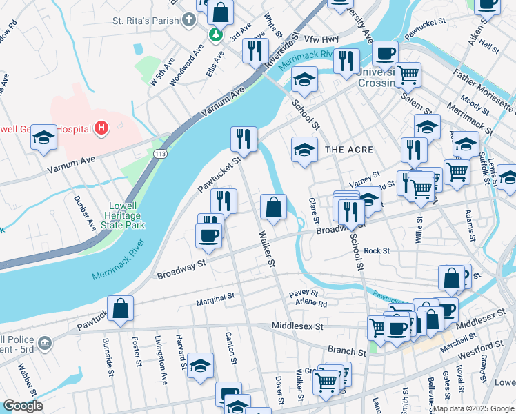 map of restaurants, bars, coffee shops, grocery stores, and more near 46 Shaffer Street in Lowell