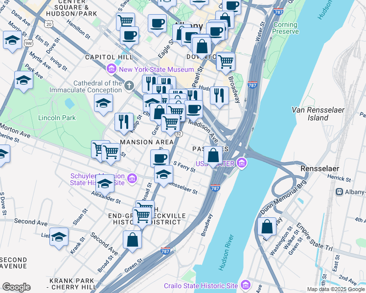 map of restaurants, bars, coffee shops, grocery stores, and more near 65 Westerlo Street in Albany
