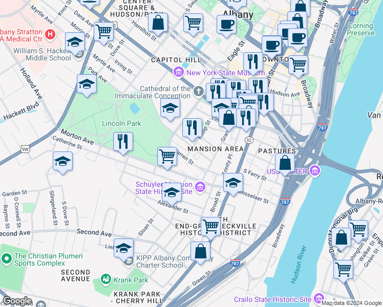 map of restaurants, bars, coffee shops, grocery stores, and more near 15 Warren Street in Albany
