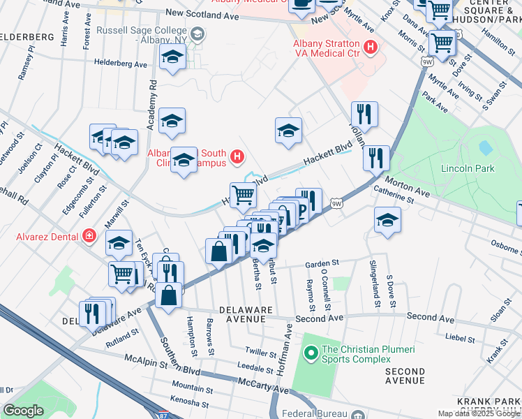map of restaurants, bars, coffee shops, grocery stores, and more near 26 Summit Avenue in Albany
