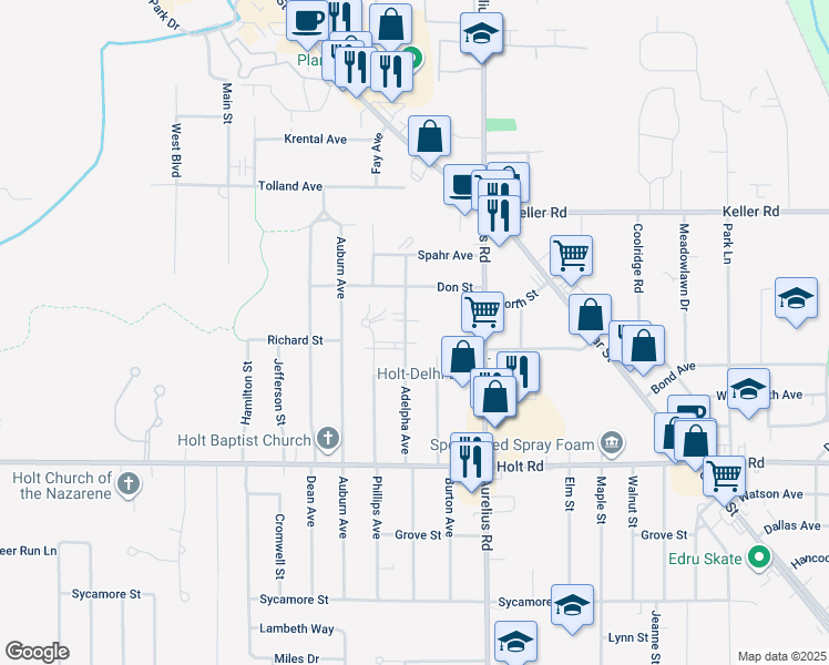 map of restaurants, bars, coffee shops, grocery stores, and more near 2120 Adelphia Avenue in Delhi charter Township