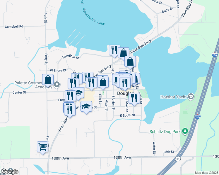 map of restaurants, bars, coffee shops, grocery stores, and more near 137 East Center Street in Douglas
