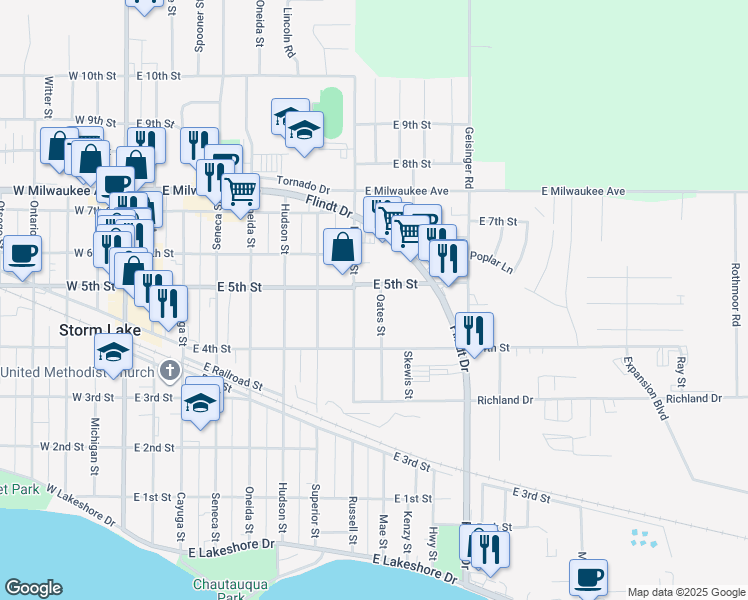 map of restaurants, bars, coffee shops, grocery stores, and more near 516 Oates Street in Storm Lake