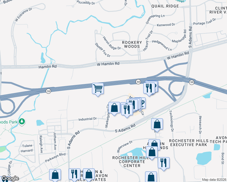 map of restaurants, bars, coffee shops, grocery stores, and more near 3610 Marketplace Circle in Rochester
