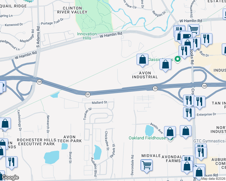 map of restaurants, bars, coffee shops, grocery stores, and more near Highway 59 in Rochester