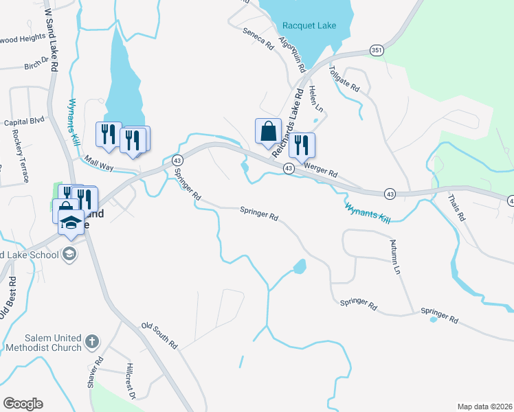 map of restaurants, bars, coffee shops, grocery stores, and more near 264 Springer Road in West Sand Lake