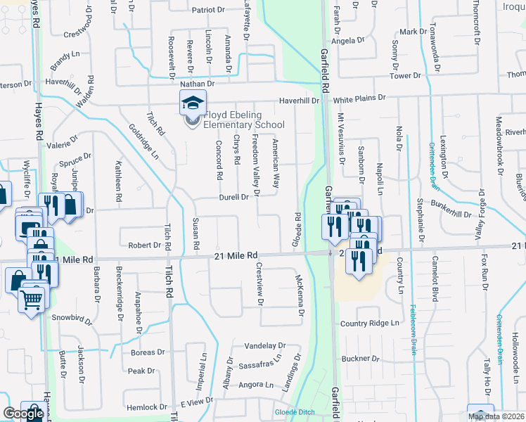 map of restaurants, bars, coffee shops, grocery stores, and more near 16294 Liberty Bell Road North in Macomb