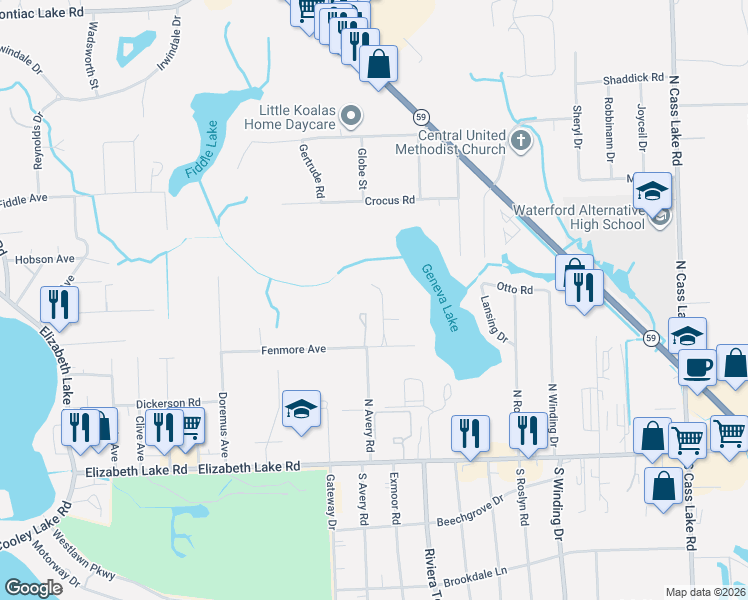 map of restaurants, bars, coffee shops, grocery stores, and more near 263 Madeleine Lane in Waterford Township