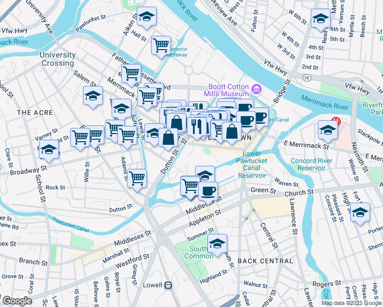 map of restaurants, bars, coffee shops, grocery stores, and more near 200 Market Street in Lowell