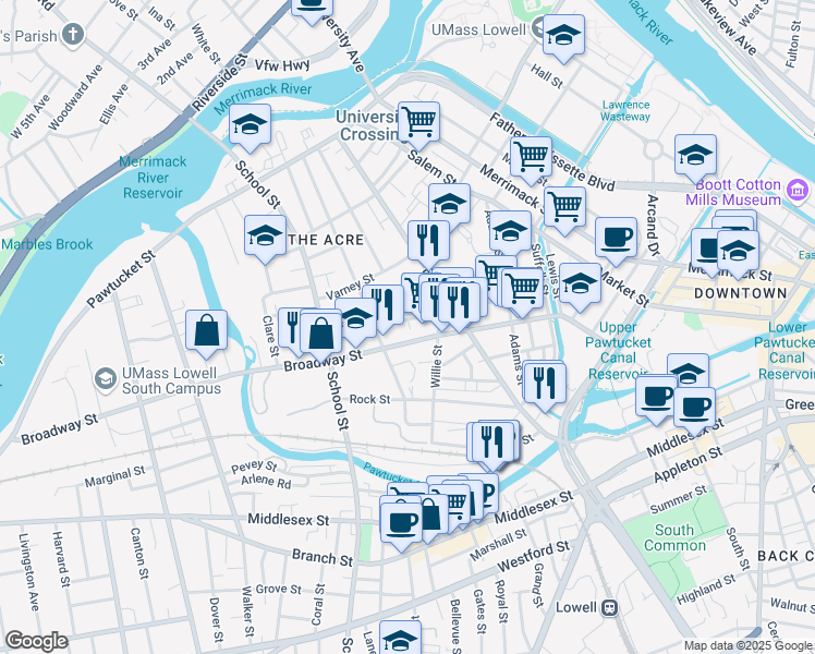 map of restaurants, bars, coffee shops, grocery stores, and more near 493 Broadway Street in Lowell