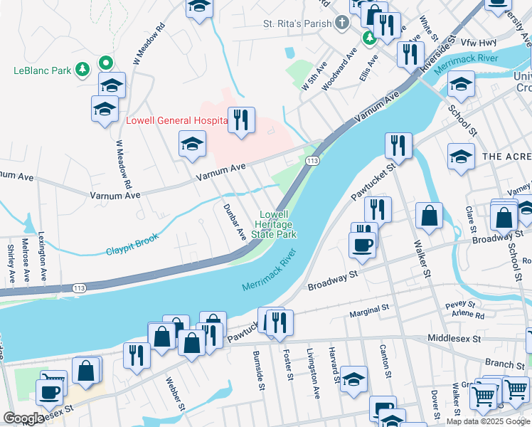 map of restaurants, bars, coffee shops, grocery stores, and more near 160 Pawtucket Boulevard in Lowell