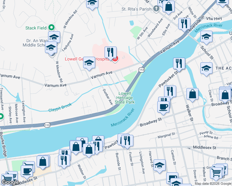 map of restaurants, bars, coffee shops, grocery stores, and more near 30 Delaware Avenue in Lowell