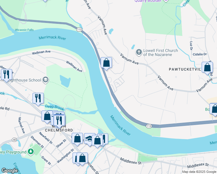 map of restaurants, bars, coffee shops, grocery stores, and more near 1200 Pawtucket Boulevard in Lowell