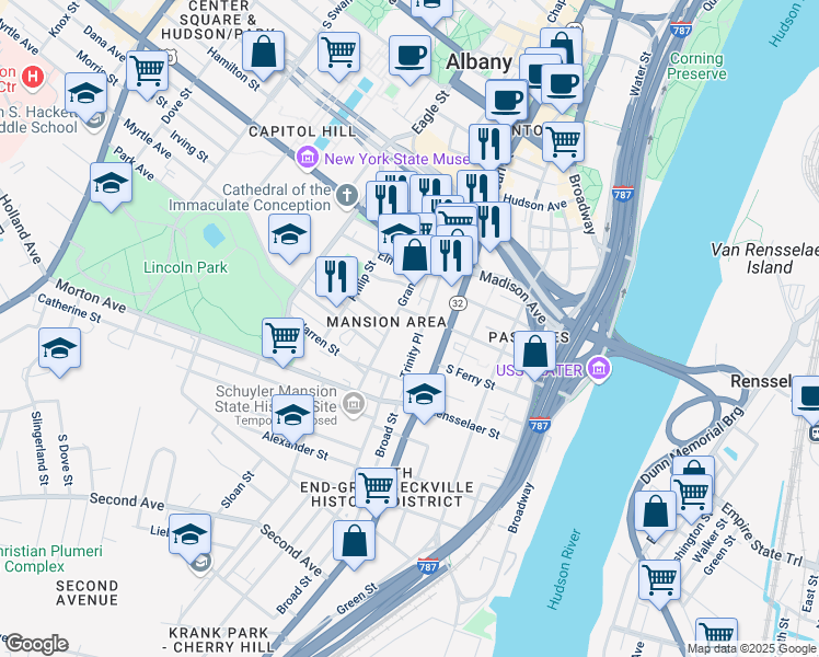 map of restaurants, bars, coffee shops, grocery stores, and more near 221 South Pearl Street in Albany