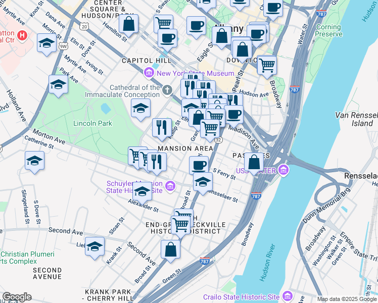 map of restaurants, bars, coffee shops, grocery stores, and more near 150 Grand Street in Albany