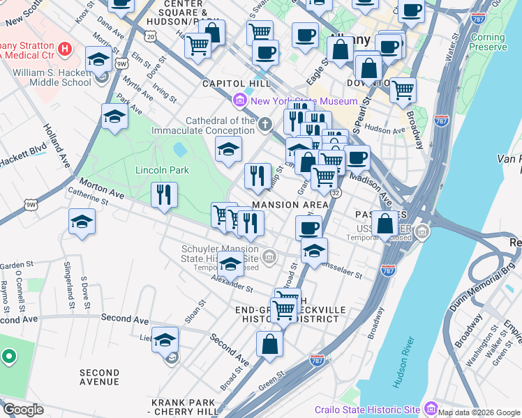 map of restaurants, bars, coffee shops, grocery stores, and more near 15 Warren Street in Albany