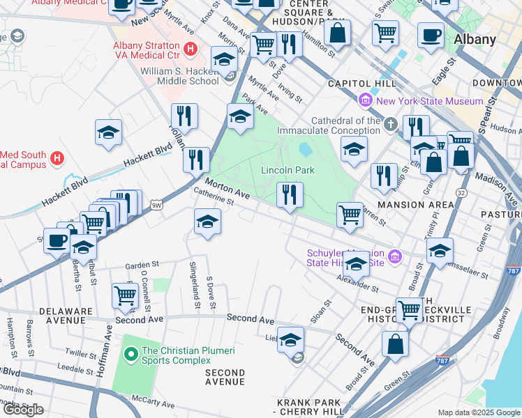 map of restaurants, bars, coffee shops, grocery stores, and more near 180 Catherine Street in Albany