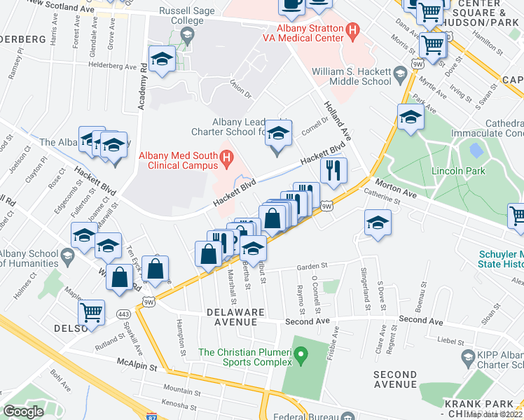 map of restaurants, bars, coffee shops, grocery stores, and more near Barclay Street in Albany