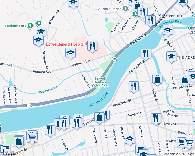 map of restaurants, bars, coffee shops, grocery stores, and more near 160 Pawtucket Boulevard in Lowell