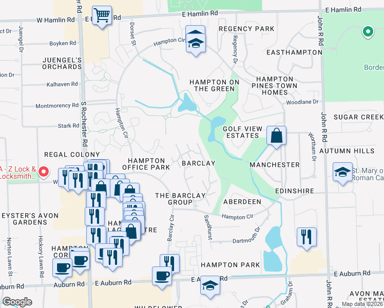 map of restaurants, bars, coffee shops, grocery stores, and more near 629 Ashley Circle in Rochester Hills