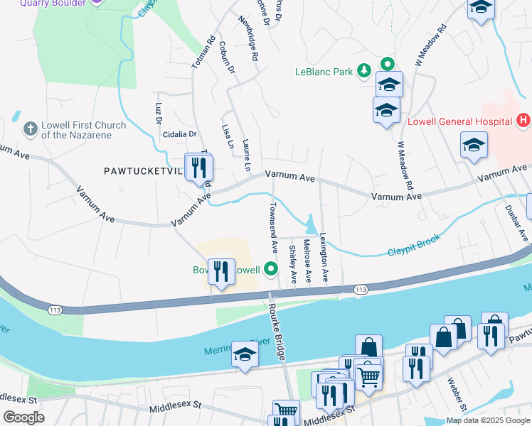 map of restaurants, bars, coffee shops, grocery stores, and more near 92 Townsend Avenue in Lowell