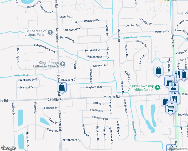 map of restaurants, bars, coffee shops, grocery stores, and more near 47312 Bobwhite Lane in Macomb County