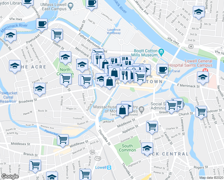 map of restaurants, bars, coffee shops, grocery stores, and more near 19 Broadway Street in Lowell