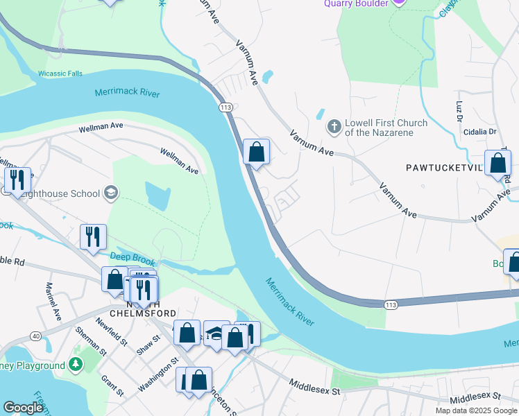 map of restaurants, bars, coffee shops, grocery stores, and more near 1200 Pawtucket Boulevard in Lowell